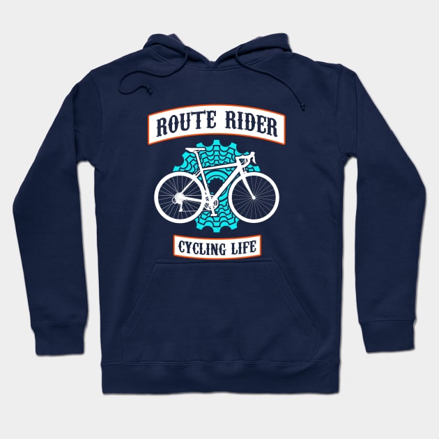 Route rider, cycling life art with blue back cassette or back pinion and white route bycicle Hoodie by Drumsartco